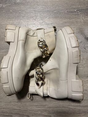 Cream Chunky Chelsea Combat Boots with Gold Chain Detail
